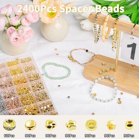 مجموعة 2400 قطعة من الخرز الذهبي - أنماط متنوعة مثالية لصنع الأساور، خرز بؤري فاصل للمجوهرات، مثالية للمشروعات اليدوية اليدوية، 4 ألوان و7 أنماط in Kuwait