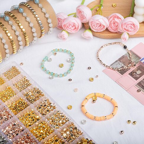 مجموعة 2400 قطعة من الخرز الذهبي - أنماط متنوعة مثالية لصنع الأساور، خرز بؤري فاصل للمجوهرات، مثالية للمشروعات اليدوية اليدوية، 4 ألوان و7 أنماط in Kuwait