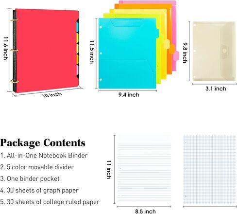 مجلد دفتر ملاحظات الكل في واحد، دفتر ملاحظات قابل لإعادة الملء مقاس 1 بوصة، 3 حلقات مع 5 فواصل ملونة قابلة للتحريك، جيب داخلي بلاستيكي - أحمر in Kuwait