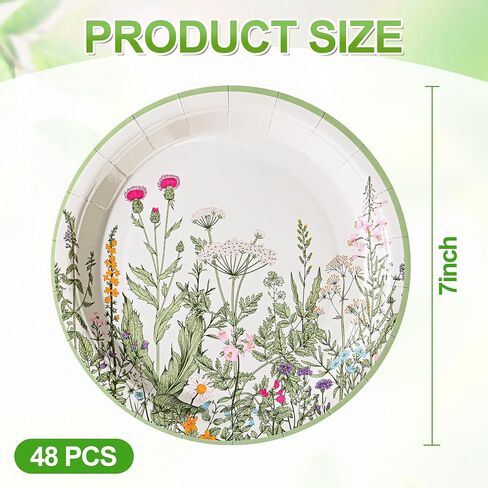 Wildflower Party Plates 7" Floral Paper Plates Spring Summer Botanical Green Leaves Herbs Vintage Garden Disposable Decorative Dessert Plates (48, Vintage Floral) in Saudi Arabia