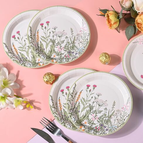 Wildflower Party Plates 7" Floral Paper Plates Spring Summer Botanical Green Leaves Herbs Vintage Garden Disposable Decorative Dessert Plates (48, Vintage Floral) in Saudi Arabia