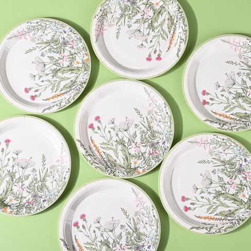 Wildflower Party Plates 7" Floral Paper Plates Spring Summer Botanical Green Leaves Herbs Vintage Garden Disposable Decorative Dessert Plates (48, Vintage Floral) in Saudi Arabia