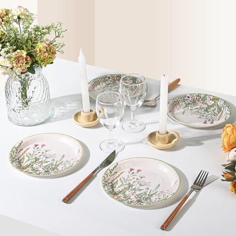 Wildflower Party Plates 7" Floral Paper Plates Spring Summer Botanical Green Leaves Herbs Vintage Garden Disposable Decorative Dessert Plates (48, Vintage Floral) in Saudi Arabia