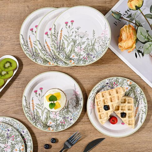 Wildflower Party Plates 7" Floral Paper Plates Spring Summer Botanical Green Leaves Herbs Vintage Garden Disposable Decorative Dessert Plates (48, Vintage Floral) in Saudi Arabia