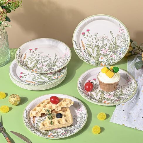 Wildflower Party Plates 7" Floral Paper Plates Spring Summer Botanical Green Leaves Herbs Vintage Garden Disposable Decorative Dessert Plates (48, Vintage Floral) in Saudi Arabia