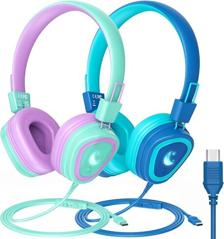 USB Type C Kids Headphone for School, Upgrade Kids Headphone with Microphone, Wired Boys Girls Headphones with Safe Limiter 85dB/95dB, Foldable Over Ear Headphones for School/iPad/Tablets/Travel in Saudi Arabia