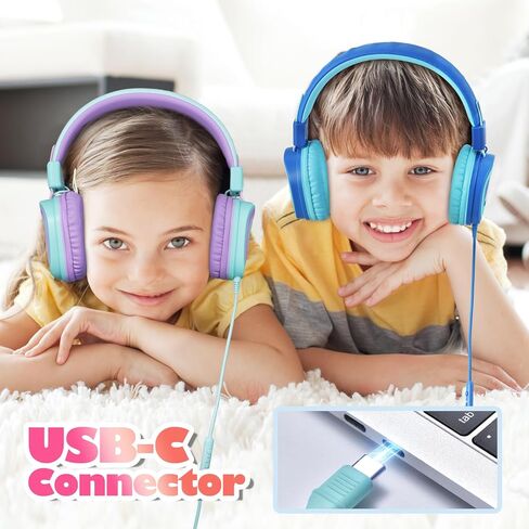 USB Type C Kids Headphone for School, Upgrade Kids Headphone with Microphone, Wired Boys Girls Headphones with Safe Limiter 85dB/95dB, Foldable Over Ear Headphones for School/iPad/Tablets/Travel in Saudi Arabia