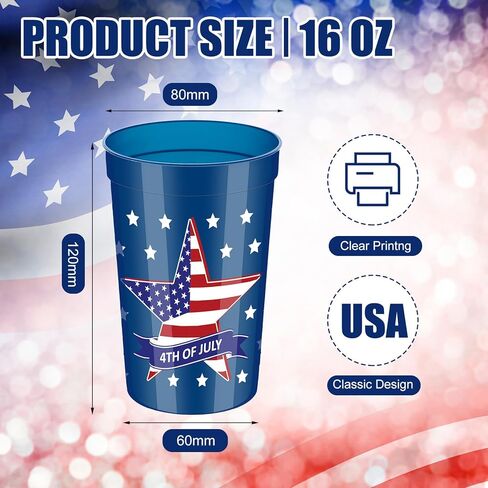 meekoo 60 قطعة من الأكواب البلاستيكية الوطنية 16 أونصة 4 يوليو، كوب عيد العمال، أحمر أبيض وأزرق، لوازم الحفلات، كوب استاد بلاستيكي آمن، مثالي لمشروبات قهوة الويسكي في يوم الاستقلال (نجمة) in Kuwait