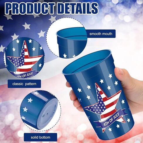 meekoo 60 قطعة من الأكواب البلاستيكية الوطنية 16 أونصة 4 يوليو، كوب عيد العمال، أحمر أبيض وأزرق، لوازم الحفلات، كوب استاد بلاستيكي آمن، مثالي لمشروبات قهوة الويسكي في يوم الاستقلال (نجمة) in Kuwait