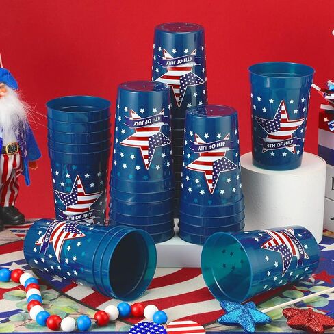 meekoo 60 قطعة من الأكواب البلاستيكية الوطنية 16 أونصة 4 يوليو، كوب عيد العمال، أحمر أبيض وأزرق، لوازم الحفلات، كوب استاد بلاستيكي آمن، مثالي لمشروبات قهوة الويسكي في يوم الاستقلال (نجمة) in Kuwait