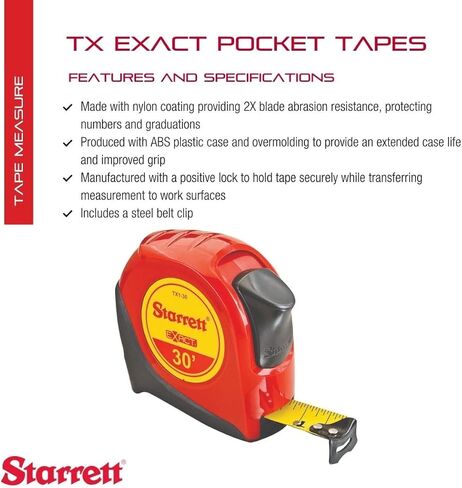 Starrett Exact Retractable Imperial/Metric Pocket Tape Measure with Nylon Coating, Self Adjusting End Hook, and Steel Belt Clip - 1/2-inch Width x 12 ft. Length - KTX12-12ME-N in Saudi Arabia