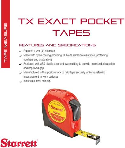 Starrett Exact Retractable Imperial/Metric Pocket Tape Measure with Nylon Coating, Self Adjusting End Hook, and Steel Belt Clip - 1/2-inch Width x 12 ft. Length - KTX12-12ME-N in Saudi Arabia