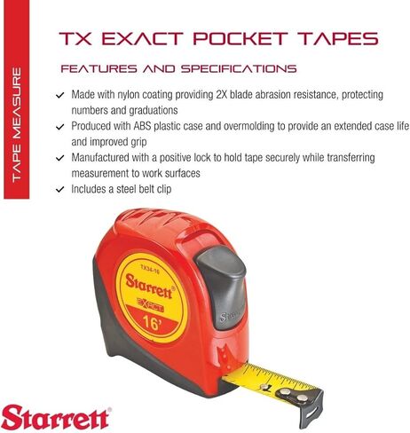 Starrett Exact Retractable Imperial/Metric Pocket Tape Measure with Nylon Coating, Self Adjusting End Hook, and Steel Belt Clip - 1/2-inch Width x 12 ft. Length - KTX12-12ME-N in Saudi Arabia