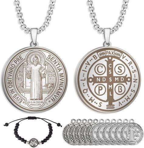 قلادة ميدالية القديس بنديكت من الفولاذ المقاوم للصدأ من يلسكي، 10 قطع من مجوهرات حماية ميداليات القديس بنديكت للرجال والنساء، ميدالية فضية اللون للحماية من قلادة سحر الشر، هدية للرجال والنساء in Kuwait