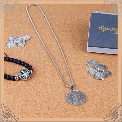 قلادة ميدالية القديس بنديكت من الفولاذ المقاوم للصدأ من يلسكي، 10 قطع من مجوهرات حماية ميداليات القديس بنديكت للرجال والنساء، ميدالية فضية اللون للحماية من قلادة سحر الشر، هدية للرجال والنساء in Kuwait