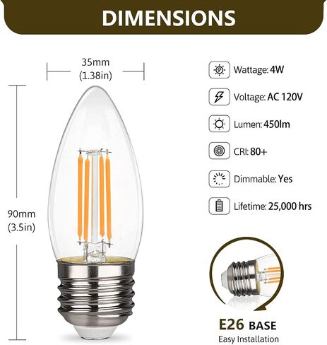 B11 E26 LED Candelabra Bulbs 4W(40 Watt Equivalent) 2700K Warm White 450lm dimmable LED Filament Chandelier Light Bulbs Clear Glass Candle Lamp for Ceiling Fan Home Decor 6 Pack in Saudi Arabia