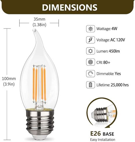 B11 E26 LED Candelabra Bulbs 4W(40 Watt Equivalent) 2700K Warm White 450lm dimmable LED Filament Chandelier Light Bulbs Clear Glass Candle Lamp for Ceiling Fan Home Decor 6 Pack in Kuwait