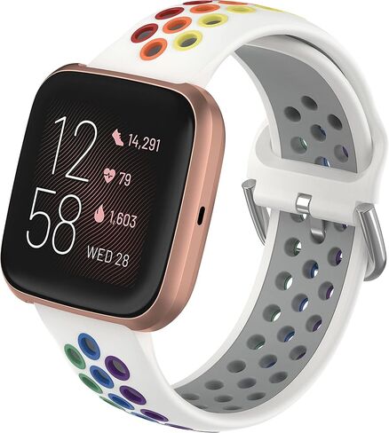 BANLUOKA Sport Rainbow Bands Compatible With Fitbit Breathble Soft Silicone Replacement Wristband Strap Accessories for Women Men, WhiteRainbow - VersaVersa 2Versa LiteSE, Versa LiteSE in Saudi Arabia