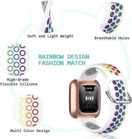 BANLUOKA Sport Rainbow Bands Compatible With Fitbit Breathble Soft Silicone Replacement Wristband Strap Accessories for Women Men, WhiteRainbow - VersaVersa 2Versa LiteSE, Versa LiteSE in Saudi Arabia