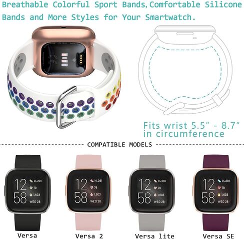 BANLUOKA Sport Rainbow Bands Compatible With Fitbit Breathble Soft Silicone Replacement Wristband Strap Accessories for Women Men, WhiteRainbow - VersaVersa 2Versa LiteSE, Versa LiteSE in Saudi Arabia
