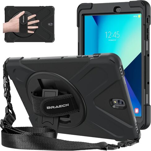 BRAECNstock for Samsung Galaxy Tab S3 Case 9.7 inch 2017 (SM-T820/T825/T827) Rugged Shockproof Protective Cover with Rotating Stand+Hand Strap Shoulder Strap Samsung SM-T820 Tablet Kids Case - Black in Saudi Arabia