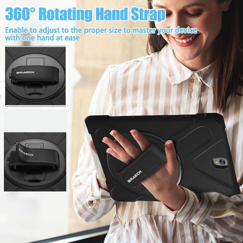 BRAECNstock for Samsung Galaxy Tab S3 Case 9.7 inch 2017 (SM-T820/T825/T827) Rugged Shockproof Protective Cover with Rotating Stand+Hand Strap Shoulder Strap Samsung SM-T820 Tablet Kids Case - Black in Saudi Arabia