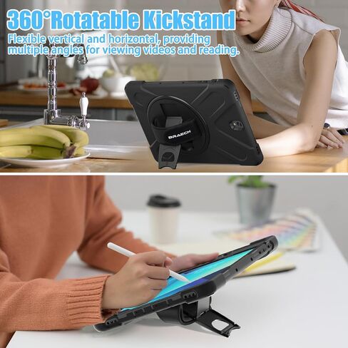 BRAECNstock for Samsung Galaxy Tab S3 Case 9.7 inch 2017 (SM-T820/T825/T827) Rugged Shockproof Protective Cover with Rotating Stand+Hand Strap Shoulder Strap Samsung SM-T820 Tablet Kids Case - Black in Saudi Arabia