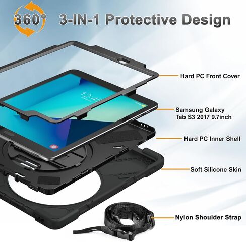 BRAECNstock for Samsung Galaxy Tab S3 Case 9.7 inch 2017 (SM-T820/T825/T827) Rugged Shockproof Protective Cover with Rotating Stand+Hand Strap Shoulder Strap Samsung SM-T820 Tablet Kids Case - Black in Saudi Arabia