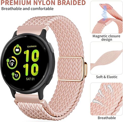 2 Pack Braided Watch Bands Compatible with 20mm Garmin Venu/Sq/Sq 2/ Venu 2 Plus/Vivoactive 5/3/Forerunner 645/245 Music, Loop Magnetic Stretchy Nylon Elastic Fabric Strap for Women Men in Saudi Arabia