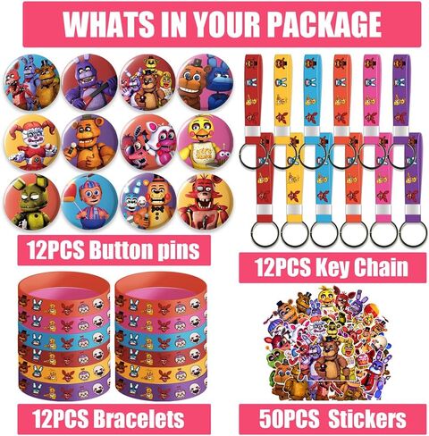 لوازم الحفلات لخمس ليالٍ فريدي، 12 قطعة من دبابيس الأزرار 12 قطعة من حلقات المفاتيح 12 قطعة، 50 ملصقًا، ديكورات حفلات أعياد ميلاد الأطفال in Kuwait