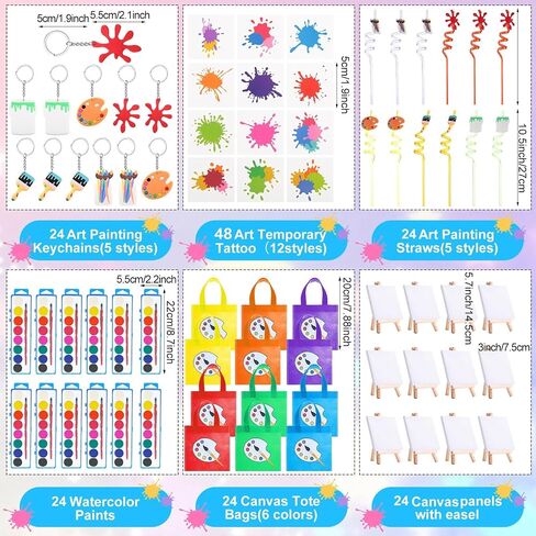 Paint Party Favors Kids Toddler Art Party Painting Canvas Watercolor Paints Art Painting Straws Keychain Temporary Tattoo Tote Bags Set for Kids Birthday Valentine Prizes(Rectangle, 84 Pcs) in Saudi Arabia
