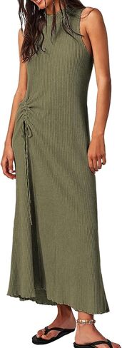Acelitt Women Casual Summer Waffle Knit Dress Sleeveless High Neck Midi Dresses, S-XXL in Saudi Arabia