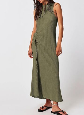 Acelitt Women Casual Summer Waffle Knit Dress Sleeveless High Neck Midi Dresses, S-XXL in Saudi Arabia
