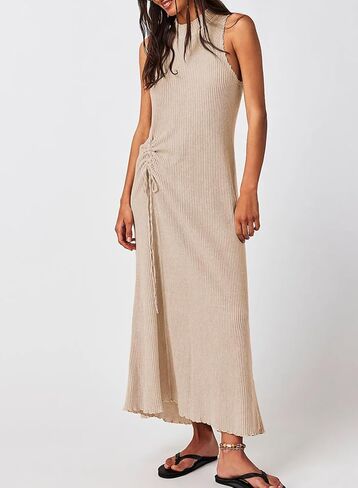 Acelitt Women Casual Summer Waffle Knit Dress Sleeveless High Neck Midi Dresses, S-XXL in Saudi Arabia