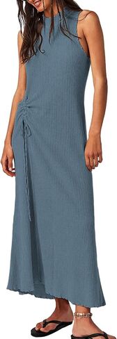 Acelitt Women Casual Summer Waffle Knit Dress Sleeveless High Neck Midi Dresses, S-XXL in Saudi Arabia