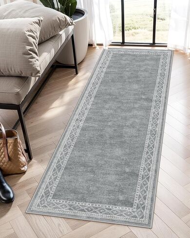 Lahome Modern Bordered Kitchen Runner Rugs Non Skid Washable- 2x6 Rug Runners for Hallways Non Slip Ultra-thin Hallway Runner, Soft Carpet Runner for Entryway Laundry Room Bedroom(2x6ft,Grey) in Saudi Arabia