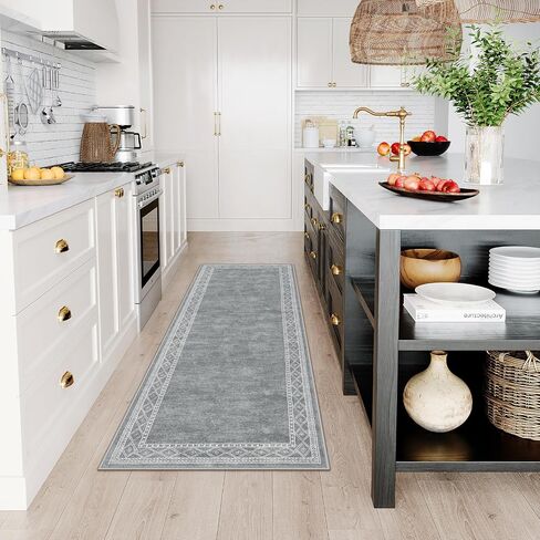 Lahome Modern Bordered Kitchen Runner Rugs Non Skid Washable- 2x6 Rug Runners for Hallways Non Slip Ultra-thin Hallway Runner, Soft Carpet Runner for Entryway Laundry Room Bedroom(2x6ft,Grey) in Saudi Arabia