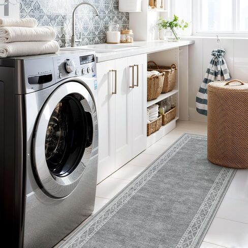 Lahome Modern Bordered Kitchen Runner Rugs Non Skid Washable- 2x6 Rug Runners for Hallways Non Slip Ultra-thin Hallway Runner, Soft Carpet Runner for Entryway Laundry Room Bedroom(2x6ft,Grey) in Saudi Arabia
