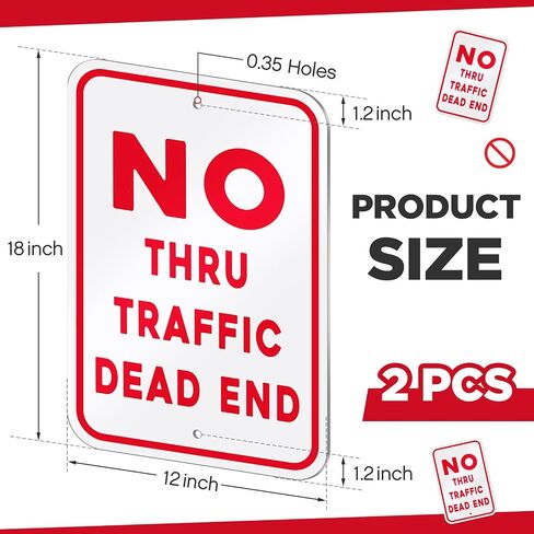 2 Pcs 12" x 18" Large Dead End Sign No Thru Traffic Sign Aluminum Weatherproof Ink Reflective Street Signs for Private Road Driveway, Easy to Install, Red on White in Saudi Arabia