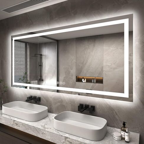 مرآة LED كبيرة مقاس 72 × 36 من ODDSAN للجدار، مرآة زينة للحمام مضاءة مع أضواء، قابلة للتعتيم، مضادة للضباب (إضاءة خلفية + إضاءة أمامية) in Kuwait