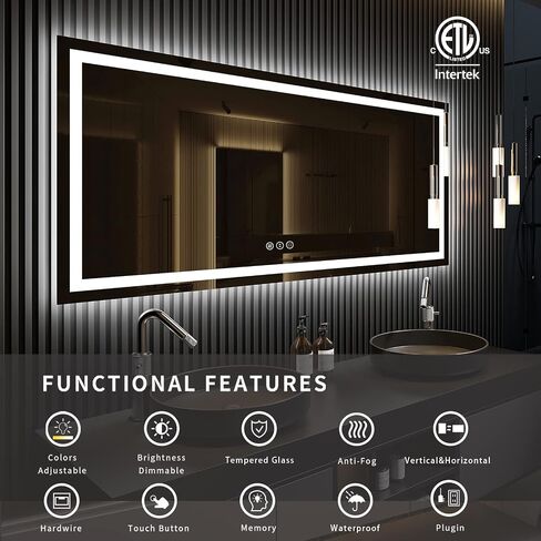 مرآة LED كبيرة مقاس 72 × 36 من ODDSAN للجدار، مرآة زينة للحمام مضاءة مع أضواء، قابلة للتعتيم، مضادة للضباب (إضاءة خلفية + إضاءة أمامية) in Kuwait