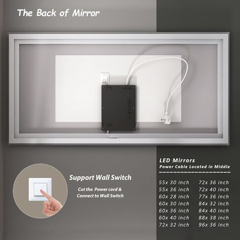 مرآة LED كبيرة مقاس 72 × 36 من ODDSAN للجدار، مرآة زينة للحمام مضاءة مع أضواء، قابلة للتعتيم، مضادة للضباب (إضاءة خلفية + إضاءة أمامية) in Kuwait