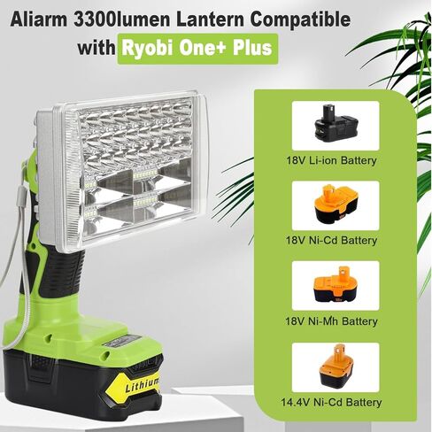 ضوء عمل LED لـ Ryobi 18V One+ Plus Lithium NiCd NiMh يعمل ببطارية 3300LM 8 بوصة مصباح يدوي محمول، 3 أوضاع إضاءة للتخييم والصيانة والطوارئ وإصلاح السيارات وإضاءة موقع العمل in Kuwait
