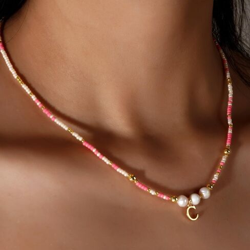 Gold Pink Beige Beaded Pearl Initial Choker Necklaces for Women Teen, Boho Handmade Personalized Seed Beads Letter Name Little Necklace Beach Surfer Bohemian Jewelry Gift in Saudi Arabia