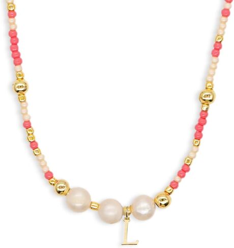 Gold Pink Beige Beaded Pearl Initial Choker Necklaces for Women Teen, Boho Handmade Personalized Seed Beads Letter Name Little Necklace Beach Surfer Bohemian Jewelry Gift in Saudi Arabia