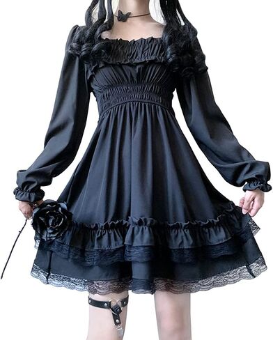 Gothic Lolita Dress Square Neck Puff Sleeve Lace Ruffle Layered A-line Swing Dress Retro Princess Skirt Anime Party Costume in Saudi Arabia