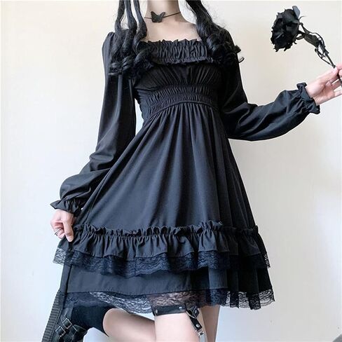 Gothic Lolita Dress Square Neck Puff Sleeve Lace Ruffle Layered A-line Swing Dress Retro Princess Skirt Anime Party Costume in Saudi Arabia