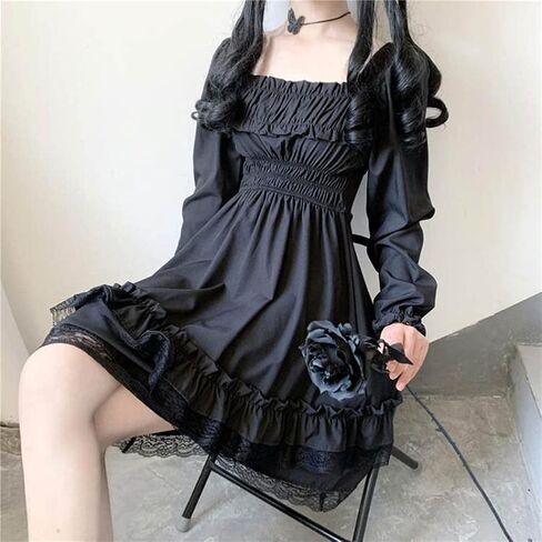 Gothic Lolita Dress Square Neck Puff Sleeve Lace Ruffle Layered A-line Swing Dress Retro Princess Skirt Anime Party Costume in Saudi Arabia