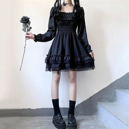 Gothic Lolita Dress Square Neck Puff Sleeve Lace Ruffle Layered A-line Swing Dress Retro Princess Skirt Anime Party Costume in Saudi Arabia