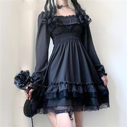 Gothic Lolita Dress Square Neck Puff Sleeve Lace Ruffle Layered A-line Swing Dress Retro Princess Skirt Anime Party Costume in Saudi Arabia